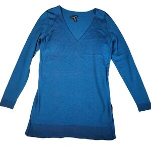 Eileen Fisher Merino Wool V Neck Long Sleeve Tunic Top Blue Teal Small Petite